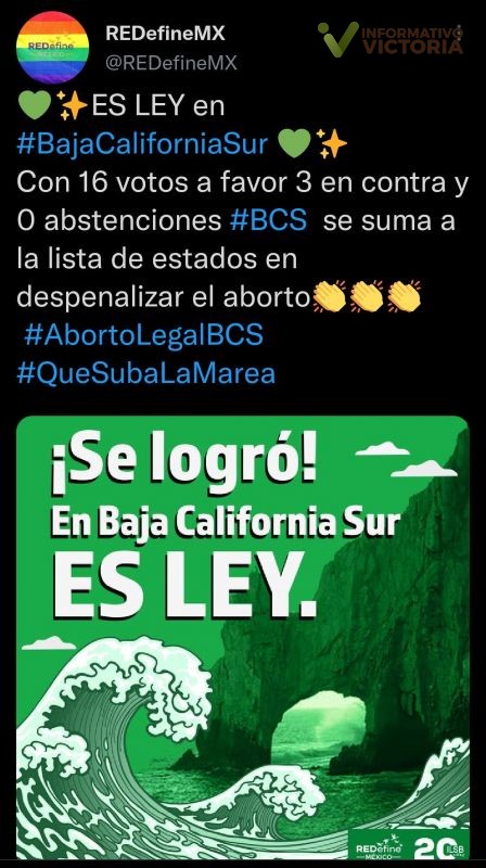 Baja California Sur despenaliza el aborto hasta las 12 semanas de gestación.