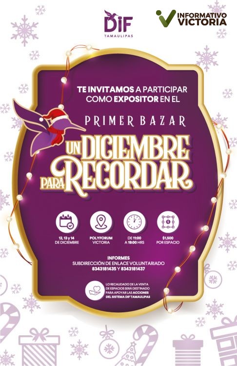 Convoca DIF Tamaulipas a participar en el Bazar Navideño.