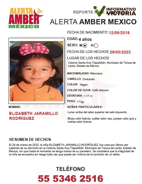 ALERTA AMBER: Elizabeth Jaramillo, salió de su casa en EdoMex, tiene 4 años.