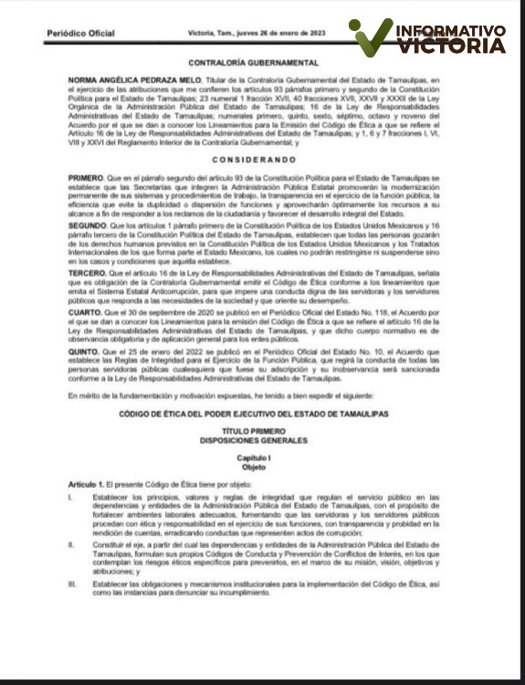 Establece Código de Ética del Gobierno de Tamaulipas la igualdad y el pleno desarrollo de las mujeres libres de violencia. 