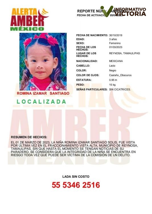 Localizan a Romina Santiago de 3 años en Tamaulipas