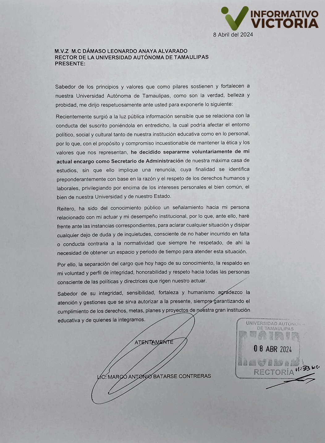 Marco Batarse Contreras se separa del cargo como secretario de administración en la UAT