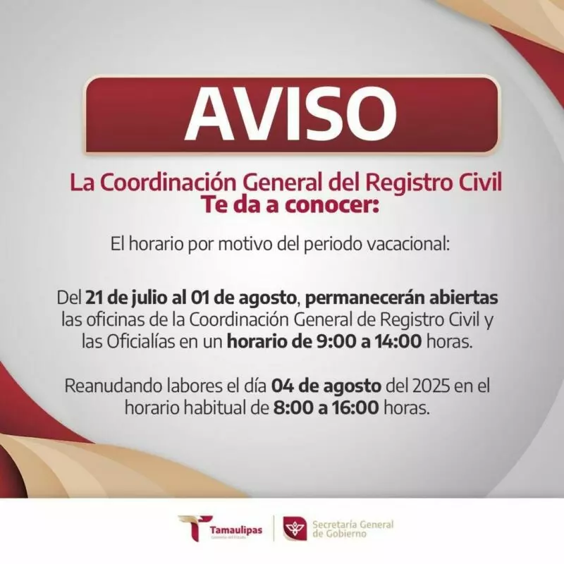 Garantiza Registro Civil de Tamaulipas atención continua durante el periodo vacacional